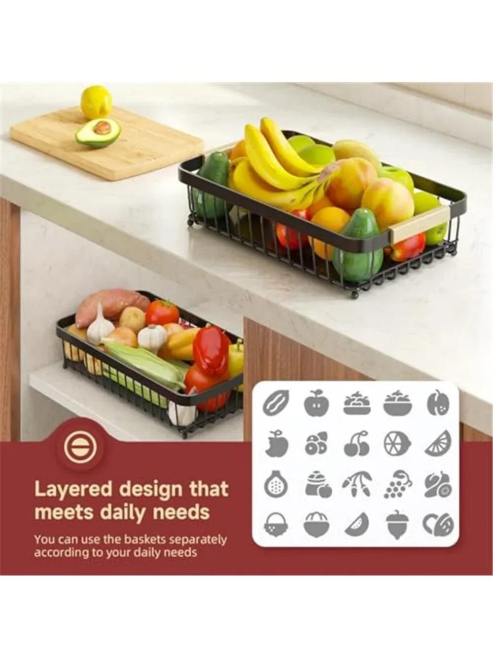 2-Tier Fruit Basket with Banana Hangers, Detachable Metal Bowl
